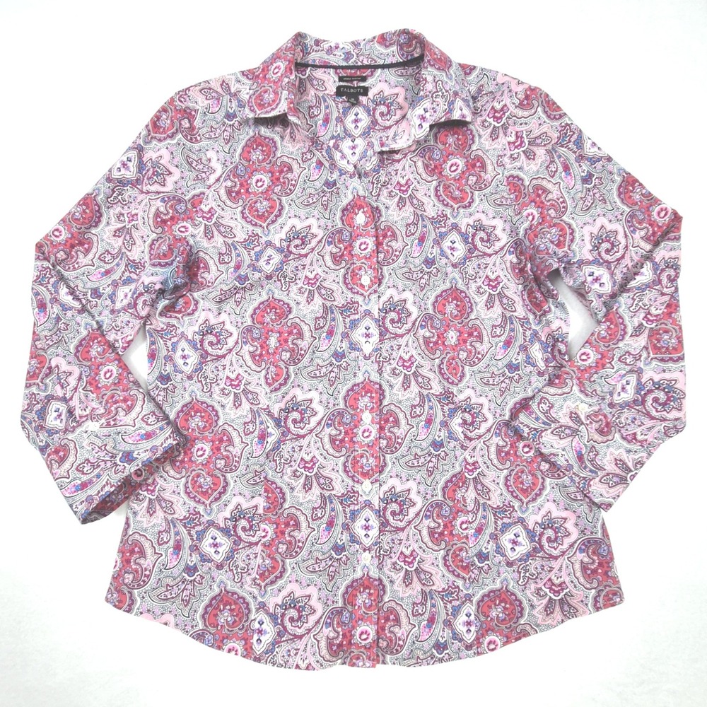 Talbots Button Down Shirt Womens 10 Pink Paisley Wrinkle Resistant Long Sleeve